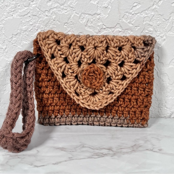 Hand Crafted Handbags - Brown Crochet Mini Wristlet Clutch